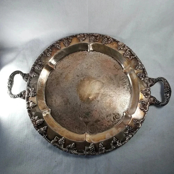 Silver Round Plate Tray With Handles and Grape Bunches Designs - Picture 1 of 5